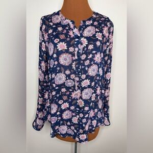 Lucky Brand Live In Love Blue Floral Multicolor Blouse Size Small
